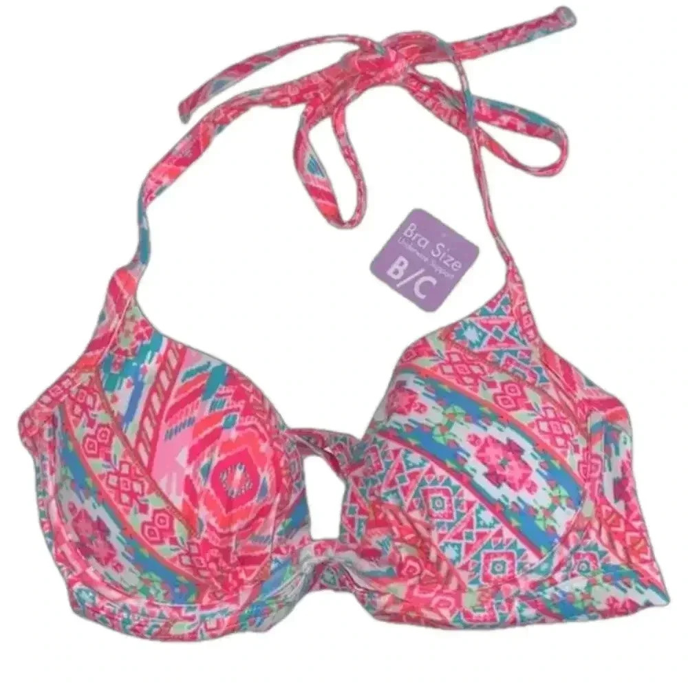 NWT 34B/C Coco Rave halter push-up bikini‎ top hot pink orange ruched middle